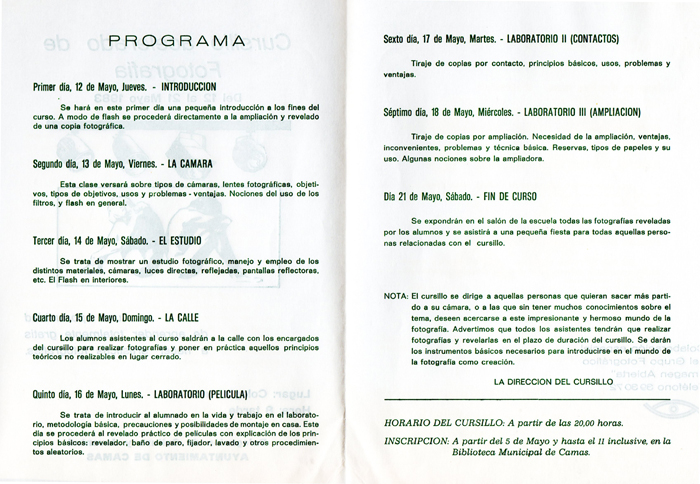 Programa de Actividades de la Escuela de Cultura Popular (B) Cursillo de Fotografía. 1983.